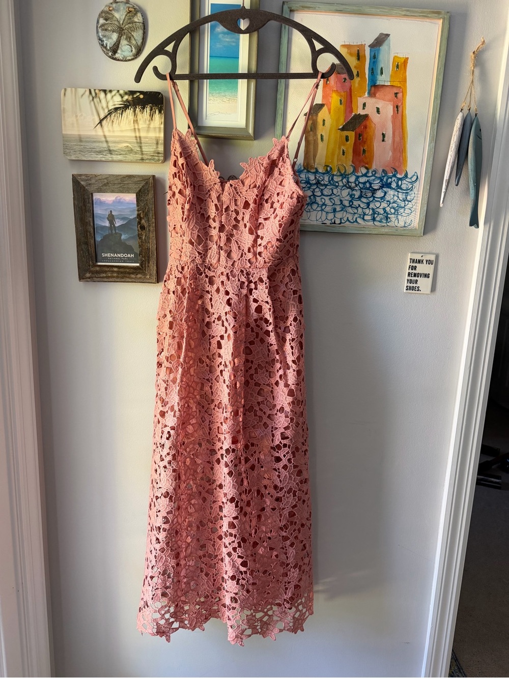 Astr Pink Crochet Lace Midi Dress with Spaghetti Straps